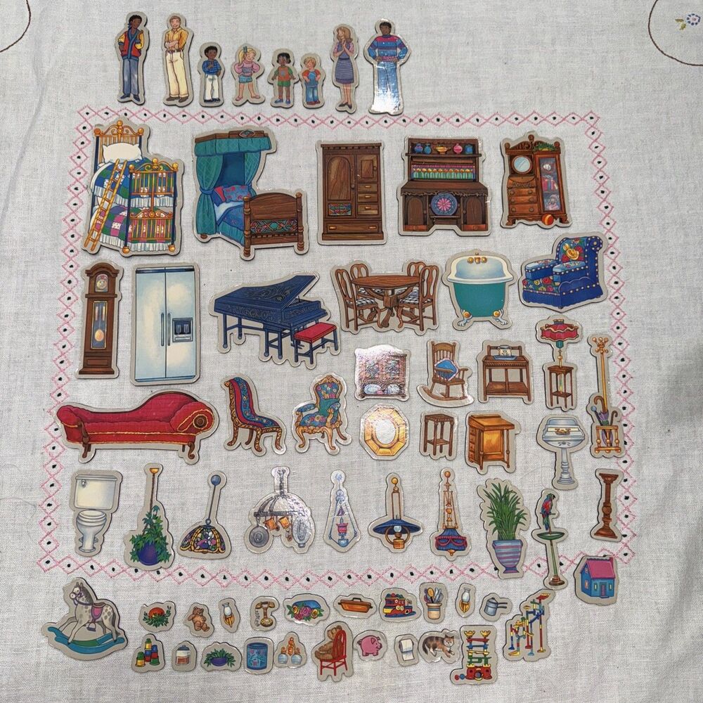 64 Vintage Set Dollhouse Play Magnets Refrigerator Family Furniture Toys 90’s